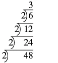 A step-by-step illustration of repeated division by 2, showing 48 divided by 2 repeatedly until it reaches 3. The divisions shown are 48/2=24, 24/2=12, 12/2=6, and 6/2=3.