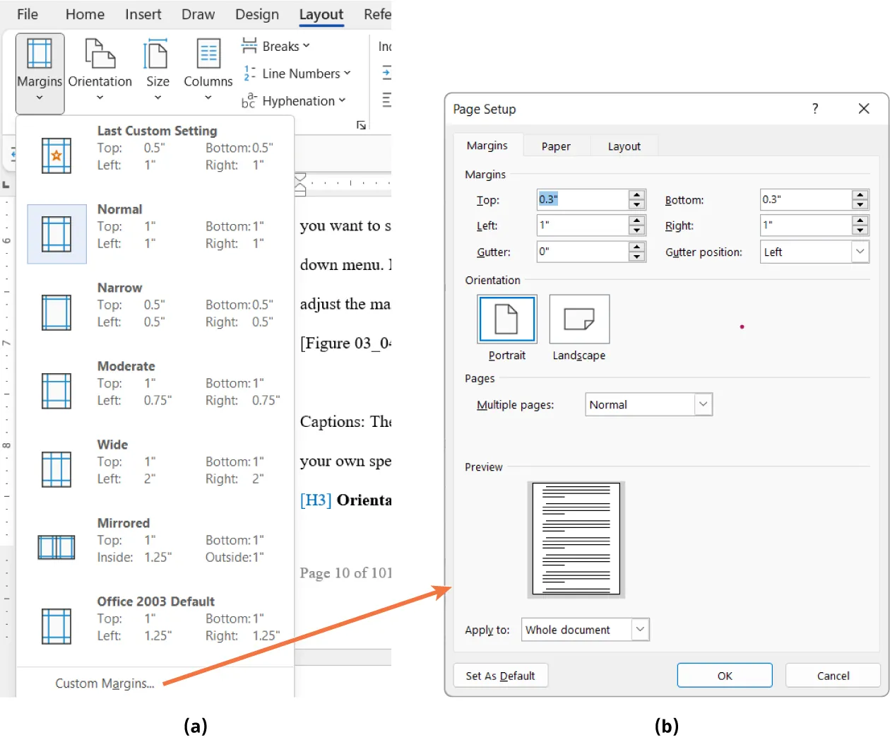 (a) Margins opens to various margin options (Custom Margins selected). (b) Page Setup pane options: Margins (selected), Paper, Layout. Margins options include: Margins, Orientation, Pages, Preview, and Apply to: (Whole document selected).
