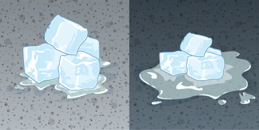 La figura de la izquierda muestra hielo derritiéndose en un pavimento de color claro. La figura de la derecha muestra hielo que se derrite en un pavimento más oscuro. Aquí el hielo se ha derretido más.