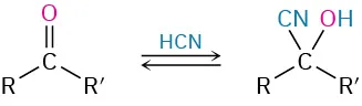 An R, R prime carbonyl reacts with H C N to form a compound with C bonded to R, R prime, O H, and C N.