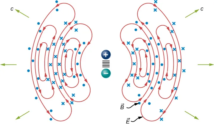 Rysunek przedstawia zacisk dodatni i ujemny w środku. Otaczające je po obu stronach pętle pola elektrycznego oznaczone są E. Kropkami i krzyżykami pokazane są linie pola magnetycznego B. Strzałki promieniowania C skierowane są na zewnątrz. 