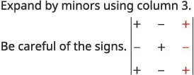 Instructions to expand by minors using column 3, with a visual reminder of the alternating signs for a 3x3 matrix, highlighting the positive and negative signs in the third column.