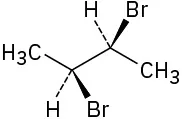 In a 4-carbon chain, C2 and C3 are each wedge bonded to a bromine atom and dash bonded to a hydrogen atom.