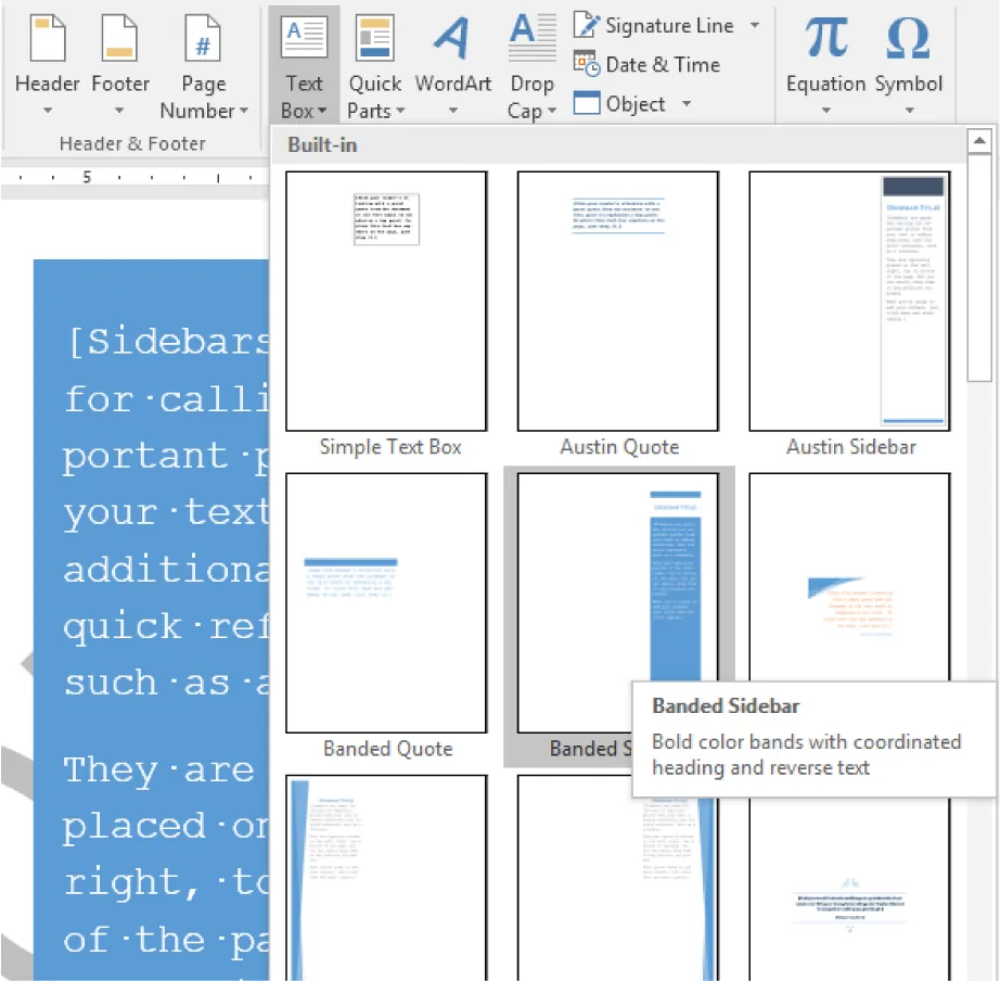 Text Box is selected and opens to Built-in (displays a variety of text box options). Banded Sidebar is selected. In the document visible, a blue background can be seen with white text.