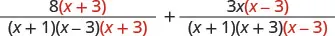 An algebraic expression showing the sum of two rational fractions, where common factors in the numerators and denominators are highlighted in red, indicating potential simplification steps.
