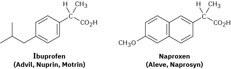 The structures of ibuprofen (Advil, Nuprin, Motrin are its brand names) and naproxen (Aleve, Naprosyn are its brand names).