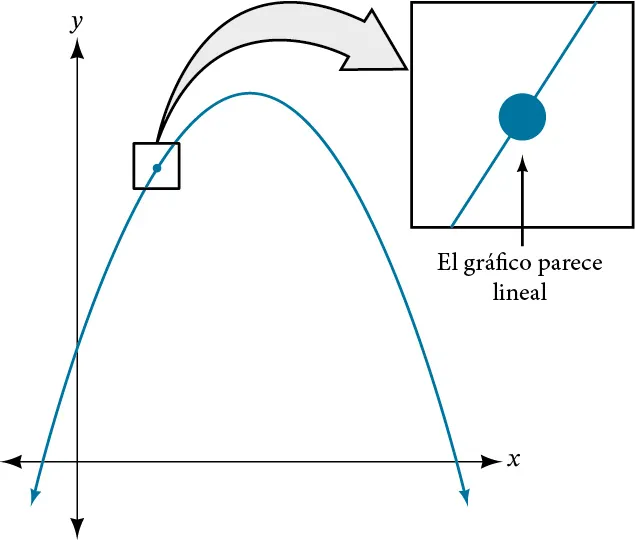 Gráfico de una parábola negativa ampliada en un punto para mostrar que la curva se vuelve lineal cuanto más se amplía.