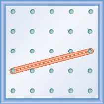 The figure shows a grid of evenly spaced pegs. There are 5 columns and 5 rows of pegs. A rubber band is stretched between the peg in column 1, row 4 and the peg in column 5, row 3, forming a line.