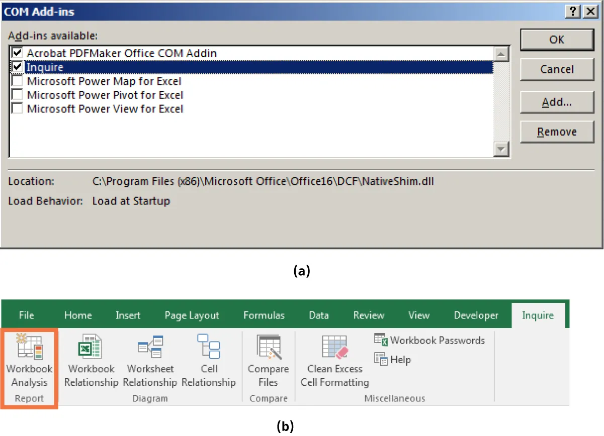 (a) COM Add-Ins window displays selection pane for Add-ins available. Acrobat PDFMaker Office COM Addin and Inquire are selected. (b) Workbook Analysis is selected from the Report command group.