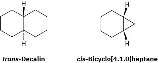 Trans-Decalin has two cyclohexane rings fused together. Cis-Bicyclo[4.1.0]heptane has a cyclohexane ring fused to a cyclopropane ring.