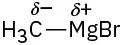 The chemical structure of methyl magnesium bromide with a delta minus charge on carbon and a delta plus charge on magnesium.