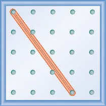 The figure shows a grid of evenly spaced pegs. There are 5 columns and 5 rows of pegs. A rubber band is stretched between the peg in column 1, row 1 and the peg in column 4, row 5, forming a line.