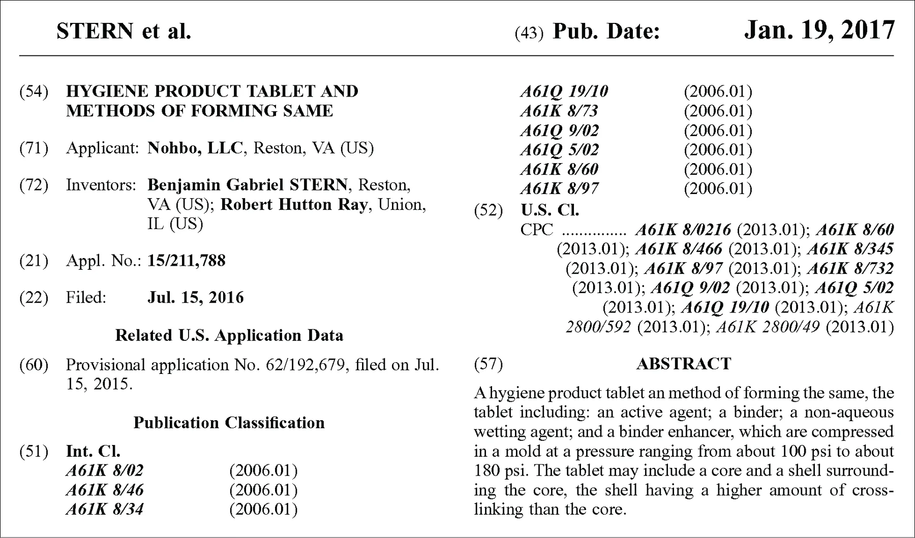 Patent for Hygiene Product Tablet and Methods of Formulating Same by applicant Nohbo, LLC, invented by Benjamin Stern and Robert Ray.