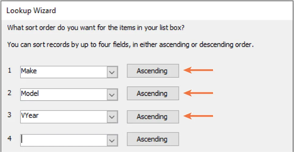Lookup Wizard asks What sort order do you want for the items in your list box? Drop-down field panes display Make, Model, and Vyear with buttons at the right labeled Ascending.