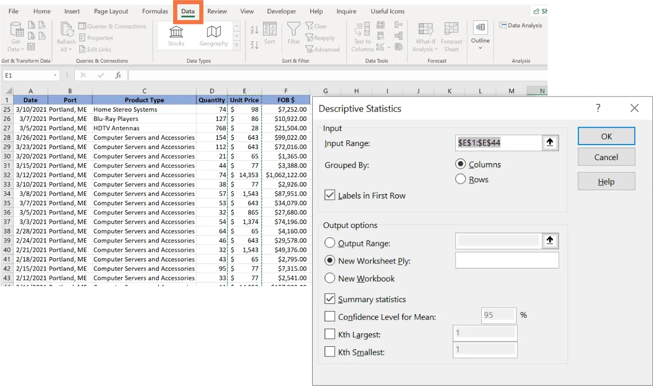 Data tab selected. Descriptive Statistics pane displays options: Input options: Input Range: ($E$1:$E$44), Grouped by (Columns), Labels in First Row (checked). Output options: New Worksheet Ply and Summary statistics selected.
