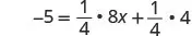 An algebraic equation is shown, displaying -5 = 1/4 * 8x + 1/4 * 4.