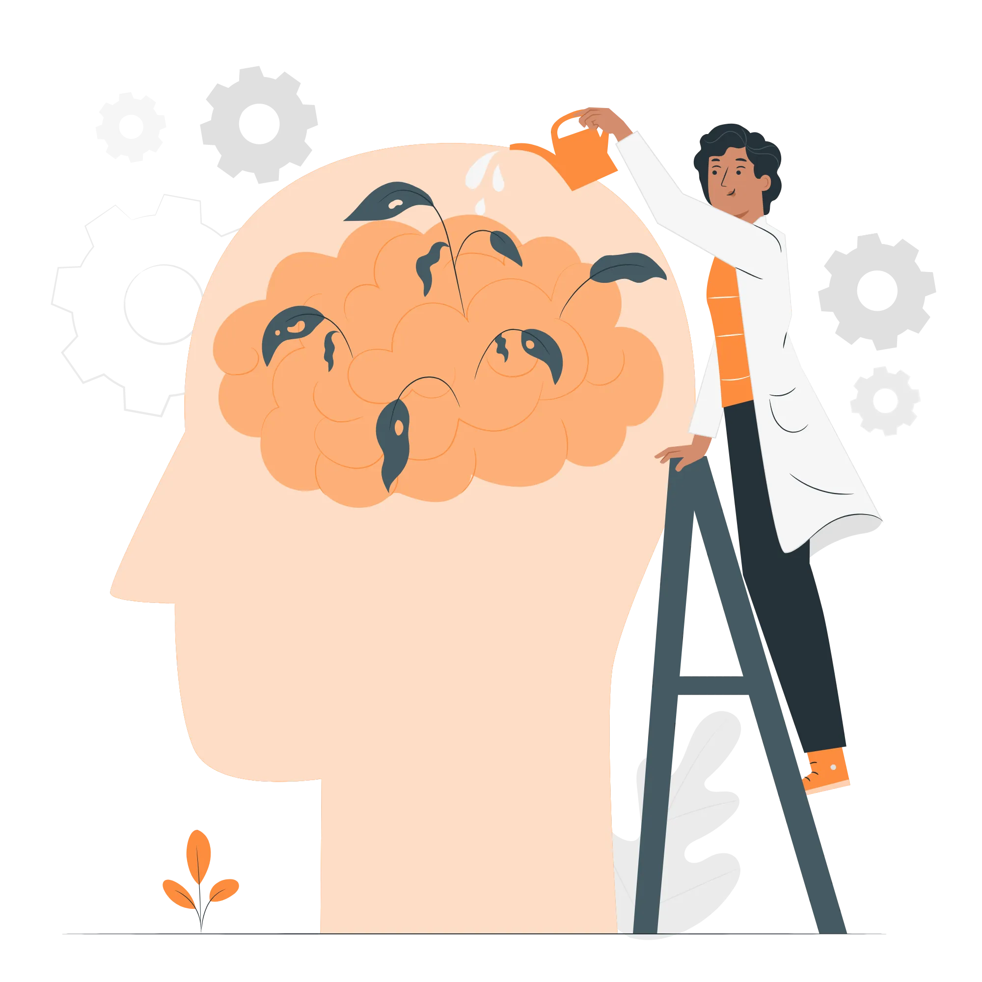 A person in a lab coat stands on a ladder watering plants shaped like brains inside a large human head, symbolizing mental growth and care, with gears in the background.