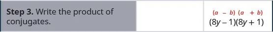 Step 3 is to write the product of conjugates 8y minus 1, 8y plus 1.