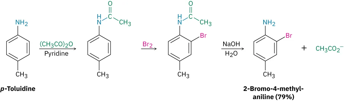 p-Toluidine reacts with acetic anhydride and pyridine to form N-(p-tolyl)acetamide. This reacts with bromine to form N-(2-bromo-4-methylphenyl)acetamide. This reacts with sodium hydroxide and water to form 2-bromo-4-methylaniline (79 percent yield).