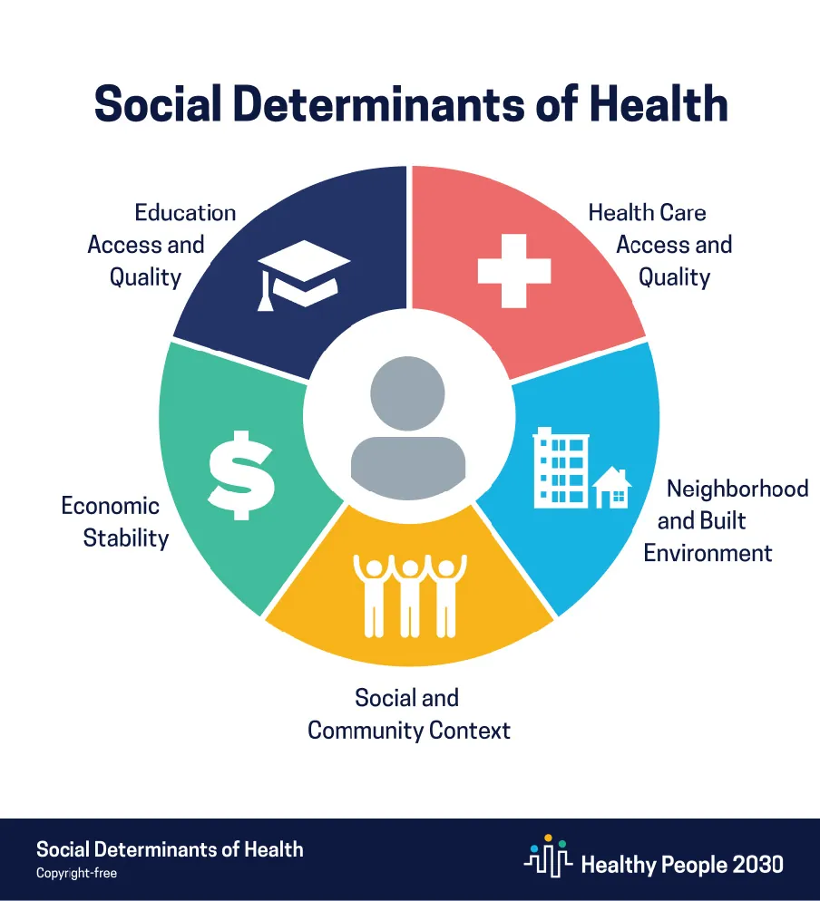 Social Determinants of Health diagram showing a circle divided into five segments, clockwise from top left: plus sign labeled Health Care Access and Quality, buildings labeled Neighborhood and Built Environment, people labeled Social and Community Context, dollar sign labeled Economic Stability, graduation cap labeled Education Access and Quality.
