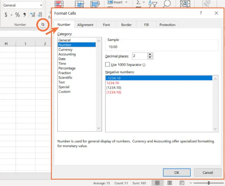 A Format Cells pane opens to the Number tab selected. Options for Category (Number is selected), Sample, Decimal places, Negative numbers (-1234.10 is selected) are visible with drops-downs for selection.