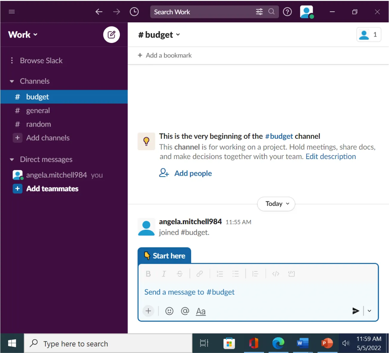 A Slack window displays options at the top for searching. The left column lists a Work heading with Channels and Direct messages. The right side of the screen shows a channel.