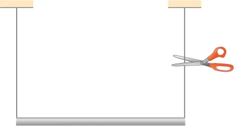 La figura muestra una varilla sostenida verticalmente por dos cuerdas conectadas en sus extremos. Uno de las cuerdas se corta con tijeras.