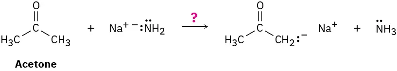 The reaction of acetone and sodium amide in which acetone is deprotonated at C1 to form the acetone enolate sodium salt and ammonia.