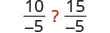 A mathematical problem comparing two fractions, 10/-5 and 15/-5, with a red question mark positioned between them, indicating the need for a relational operator.