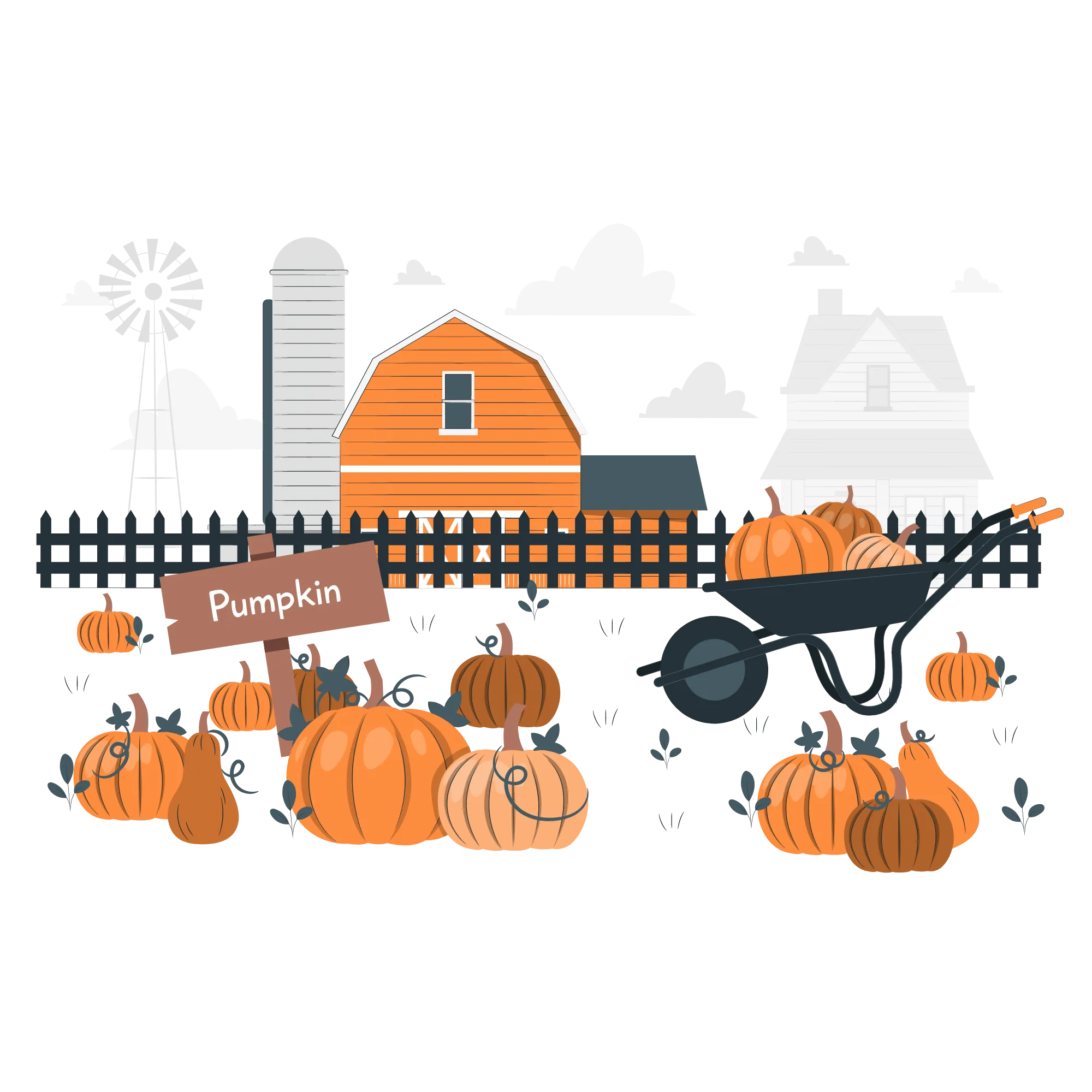 Illustration of a vibrant pumpkin patch with scattered pumpkins, a wheelbarrow, and a "Pumpkin" sign. In the background, barns and a windmill stand under cloudy skies.