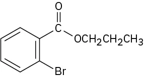 The structure of an ester shows a benzene ring connected to a propoxy carbonyl group. A bromine is attached to the ortho position of the ring.