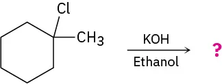 The reaction of 1-chloro-1-methylcyclohexane with K O H and ethanol forms an unknown product, depicted by a question mark.