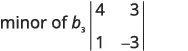 The image displays the mathematical expression "minor of b_3" next to a 2x2 determinant. The elements of the first row of the determinant are 4 and 3, and the elements of the second row are 1 and -3.