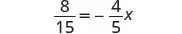 A mathematical equation is displayed on a white background, which reads '8 over 15 equals negative 4 over 5 x'.