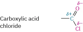 Carboxylic acid chloride has a carbon with an open single bond and a partial positive charge double bonded to oxygen and single bonded to chlorine each with partial negative charge.