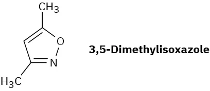 The structure of 3,5-dimethylisoxazole shows a cyclopentadiene ring with adjacent oxygen and nitrogen atoms. A methyl group is attached to the carbons adjacent to oxygen and nitrogen.