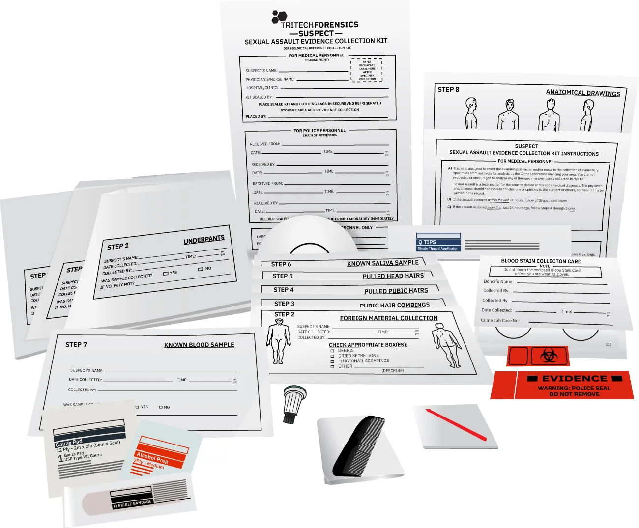 A collection of various forms, labels, and tools included in a sexual assault evidence collection kit. The kit contains items such as swabs, evidence bags, combs, and instruction sheets, all designed to collect and preserve evidence from a suspect or victim in a sexual assault case. The materials are neatly arranged and labeled for different steps of the evidence collection process, ensuring proper handling and documentation.