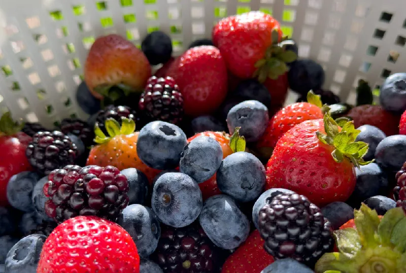 A colander full of fresh strawberries, blueberries, and raspberries.