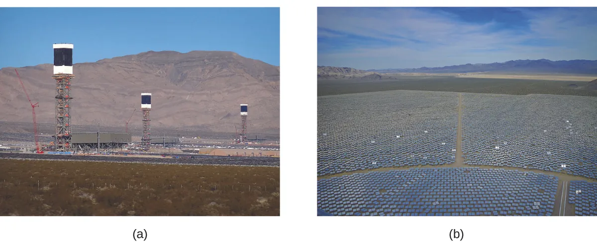 Two pictures are shown and labeled a and b. Picture a shows a thermal plant with three tall metal towers. Picture b is an arial picture of the mirrors used at the plant. They are arranged in rows.