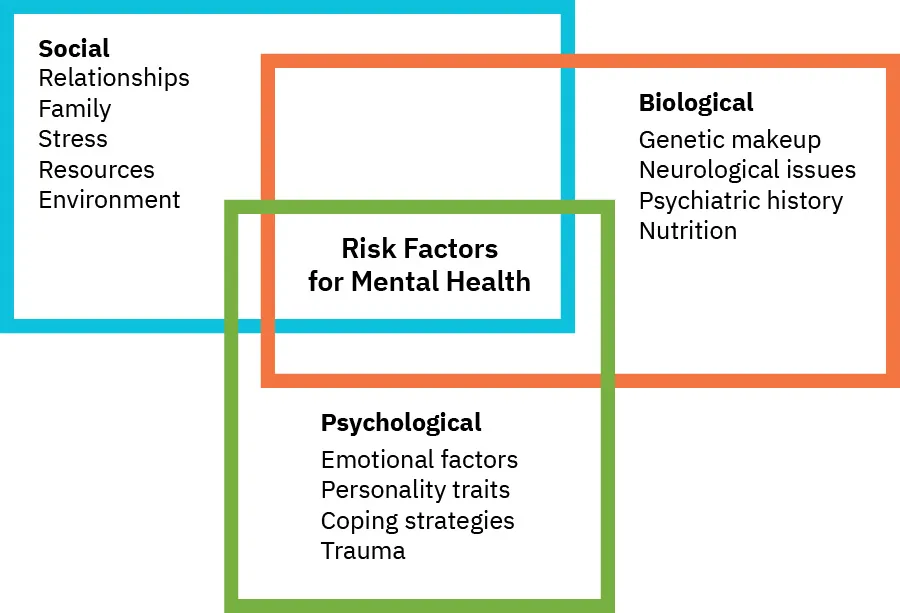 A model for psychiatric-mental health conditions made up of four boxes that overlap. In the first box are Social factors, including: relationships, family, stress, resources, environment. In the second box are Biological factors, including: genetic makeup, neurological issues, psychiatric history, nutrition. In the third box are Psychological factors, including: emotional factors, personality traits, coping strategies, trauma. In the area where all overlap it reads "Risk Factors for Mental Health."