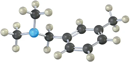 The ball-and-stick model of a benzene ring with methyl on C 1, and C 3 linked to a methylene. This is connected to nitrogen with two methyl groups.
