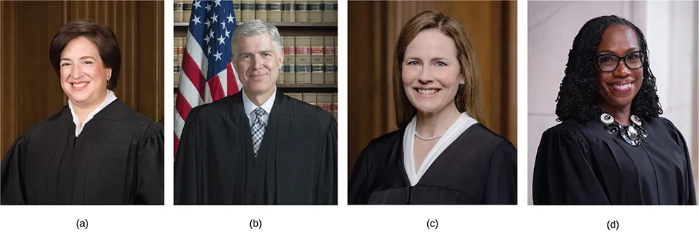 Image A is of Justice Elena Kagan. Image B is of Justice Neil Gorsuch. Image C is of Justice Amy Coney Barrett. Image D is of Ketanji Brown Jackson.