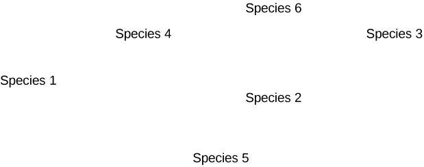 This figure acts as a blank surface for the reader to map and construct a cladogram for six species.