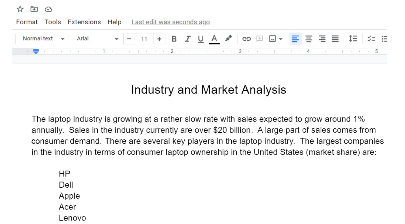 On the toolbar, Align & indent is selected. The text HP, Dell, Apple, Acer, and Lenovo typed in a list is indented to the right at the bottom of the document.