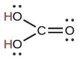 Lewis structure of carbonic acid (H2CO3), showing its covalent bonds and lone pair electrons.