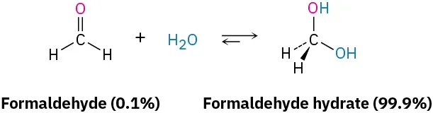 A reversible reaction in which formaldehyde (0.1 percent) reacts with water forming formaldehyde hydrate (99.9 percent). It has a tetrahedral structure in which carbon is single-bonded to two hydroxyl groups.