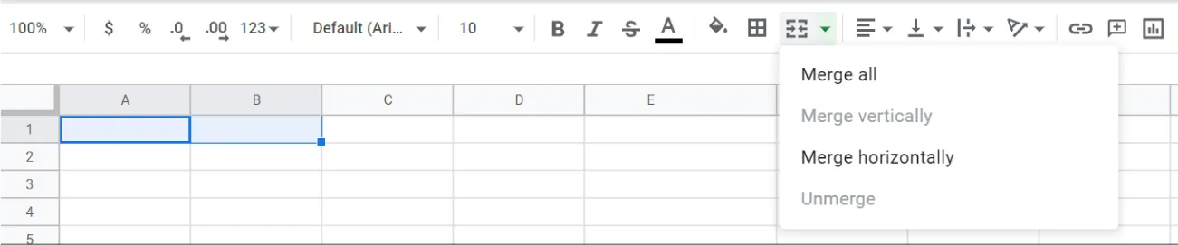 A blank spreadsheet shows cells A1 and B1 selected and the Merge icon selected on the toolbar. The drop down menu shows the options: Merge all, Merge vertically, Merge horizontally, and Unmerge.