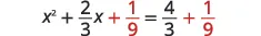 A quadratic equation displayed as x squared plus two-thirds x plus one-ninth equals four-thirds plus one-ninth, with the one-ninth terms highlighted in red on both sides.
