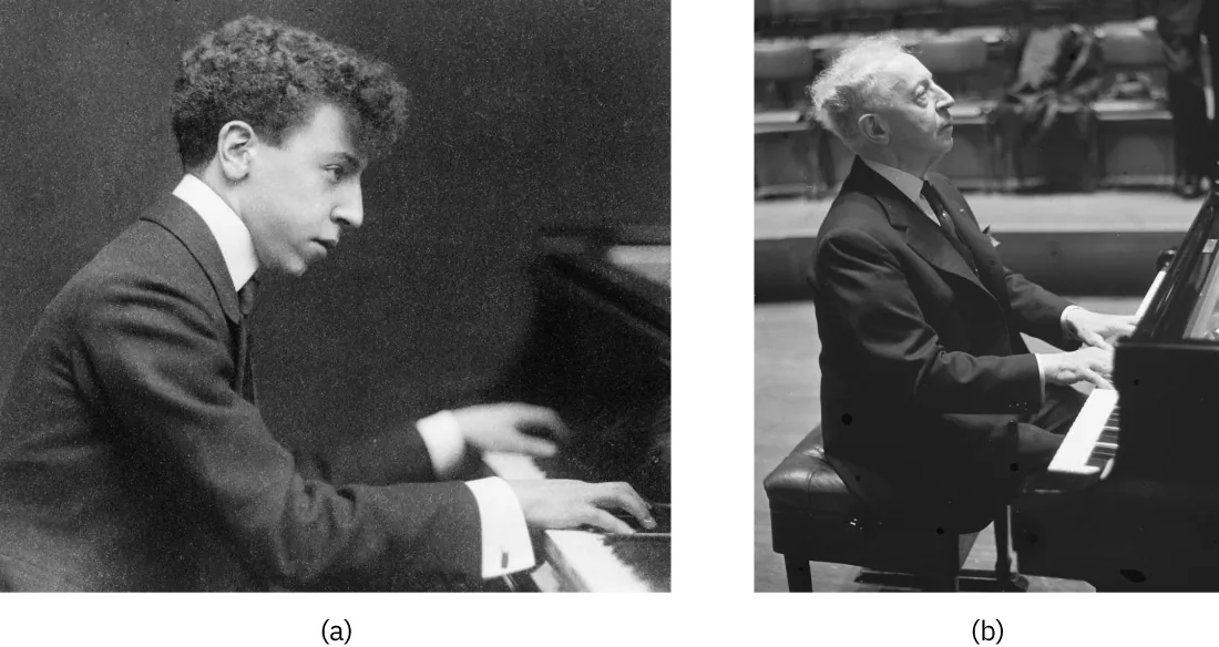 A shows a young man playing a piano; B shows an older man playing a piano.