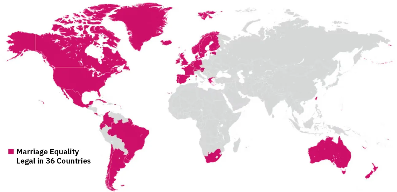 Map detailing (in red) 36 countries where Marriage Equality is legal: North America, parts of South America, Australia, northwest Europe, and southern Africa.